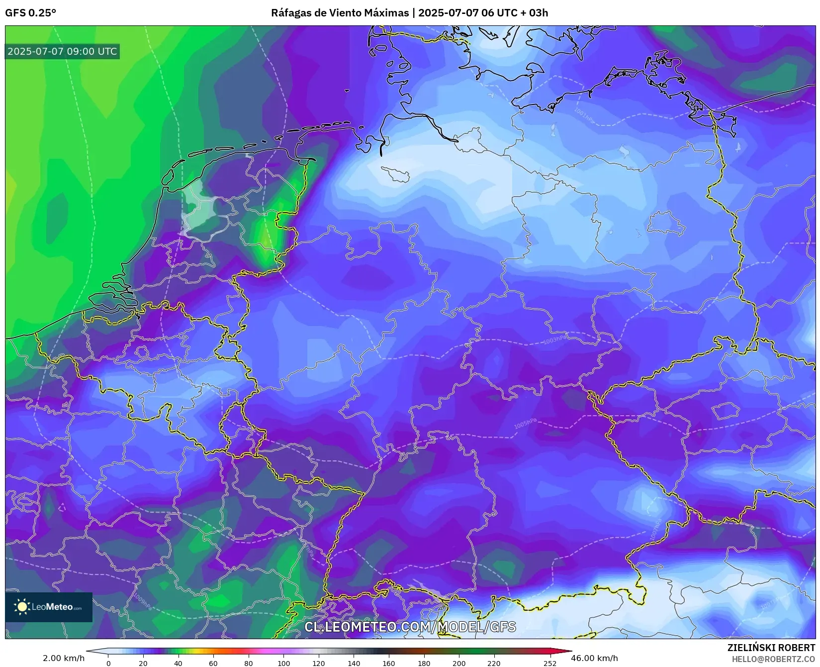 GFS model - Alemania, Ráfagas de Viento Máximas GFS model - Alemania, Ráfagas de Viento Máximas