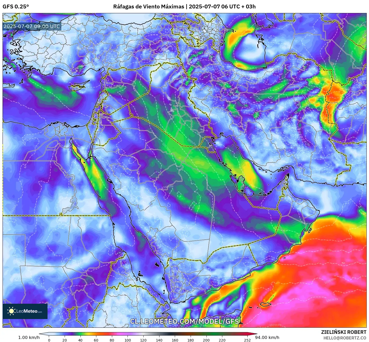 GFS model - Oriente Medio, Ráfagas de Viento Máximas GFS model - Oriente Medio, Ráfagas de Viento Máximas