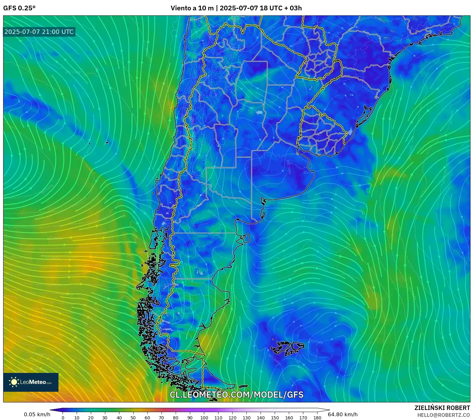 GFS model - Argentina, Viento a 10 m GFS model - Argentina, Viento a 10 m