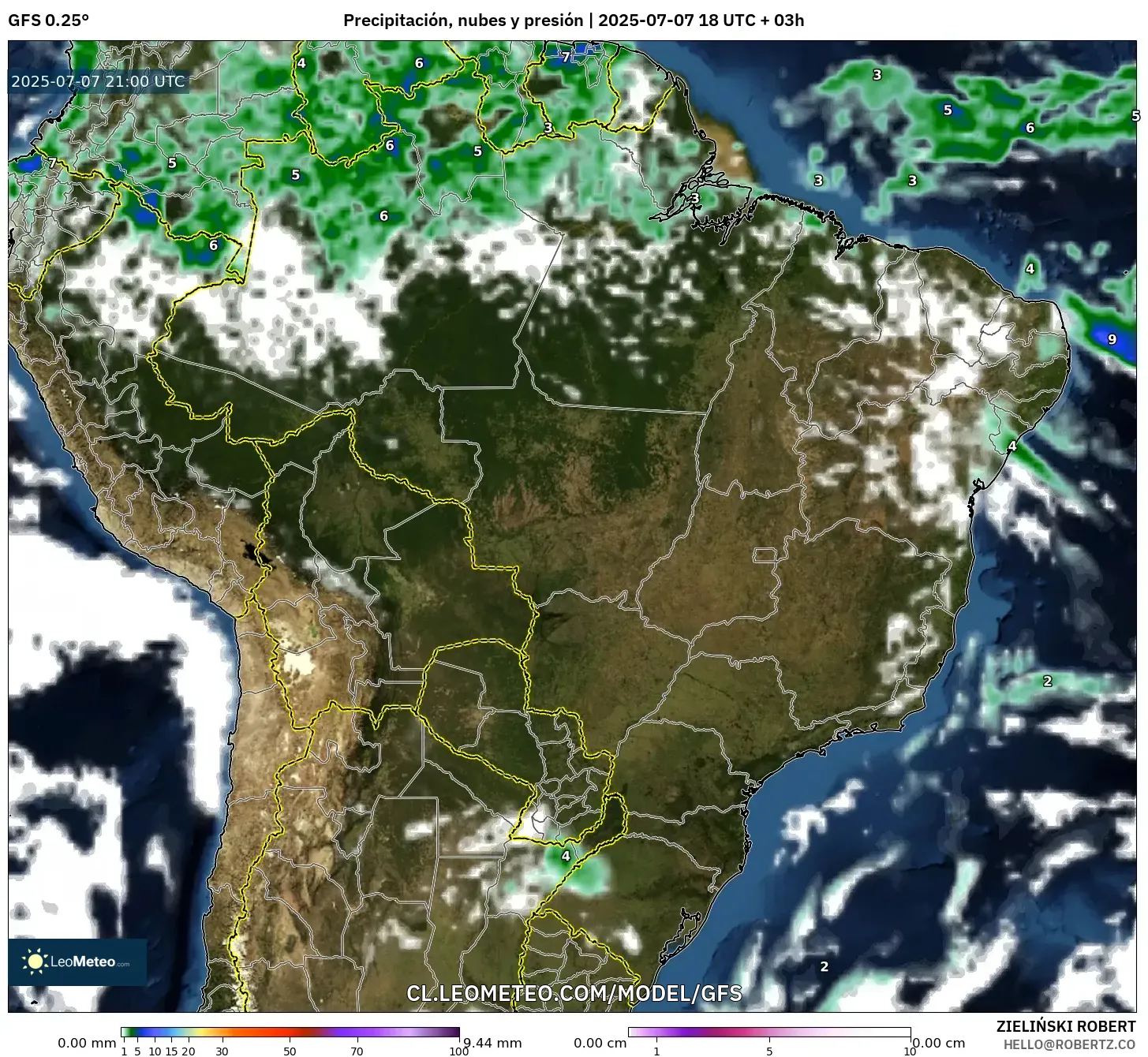 GFS model - Brasil, Precipitación, nubes y presión GFS model - Brasil, Precipitación, nubes y presión