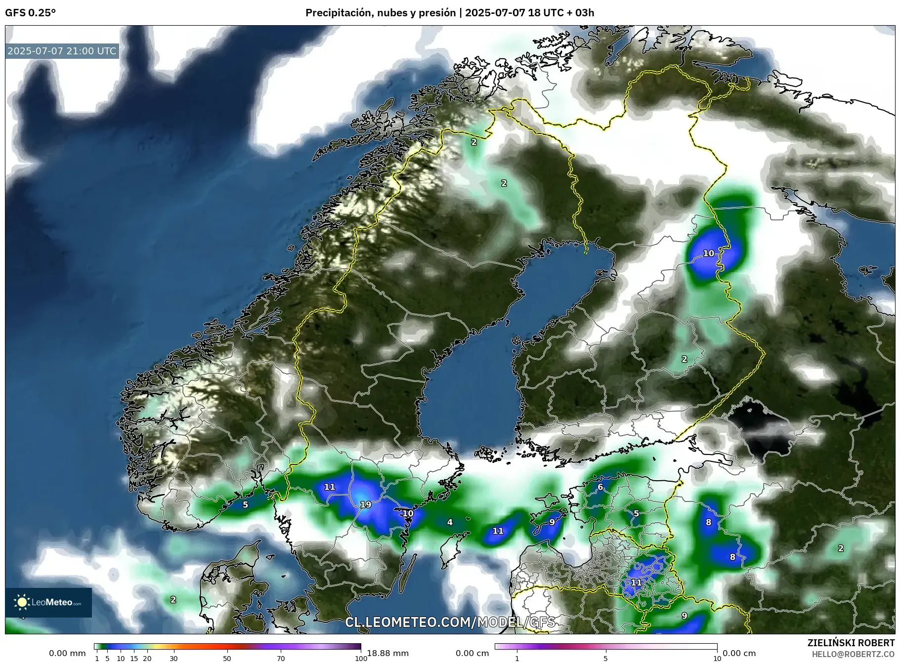 GFS model - Escandinavia, Precipitación, nubes y presión