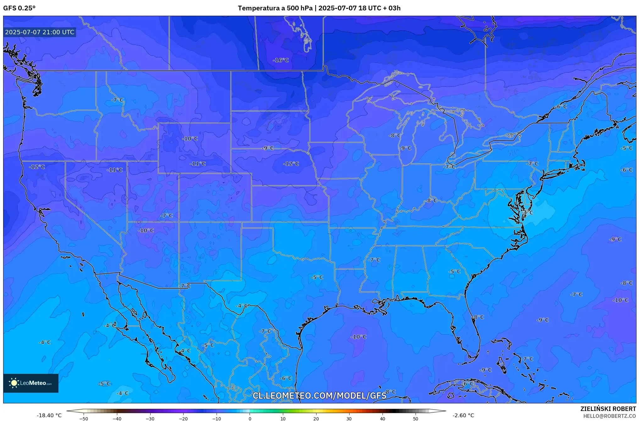 GFS model - Estados Unidos, Temperatura a 500 hPa GFS model - Estados Unidos, Temperatura a 500 hPa