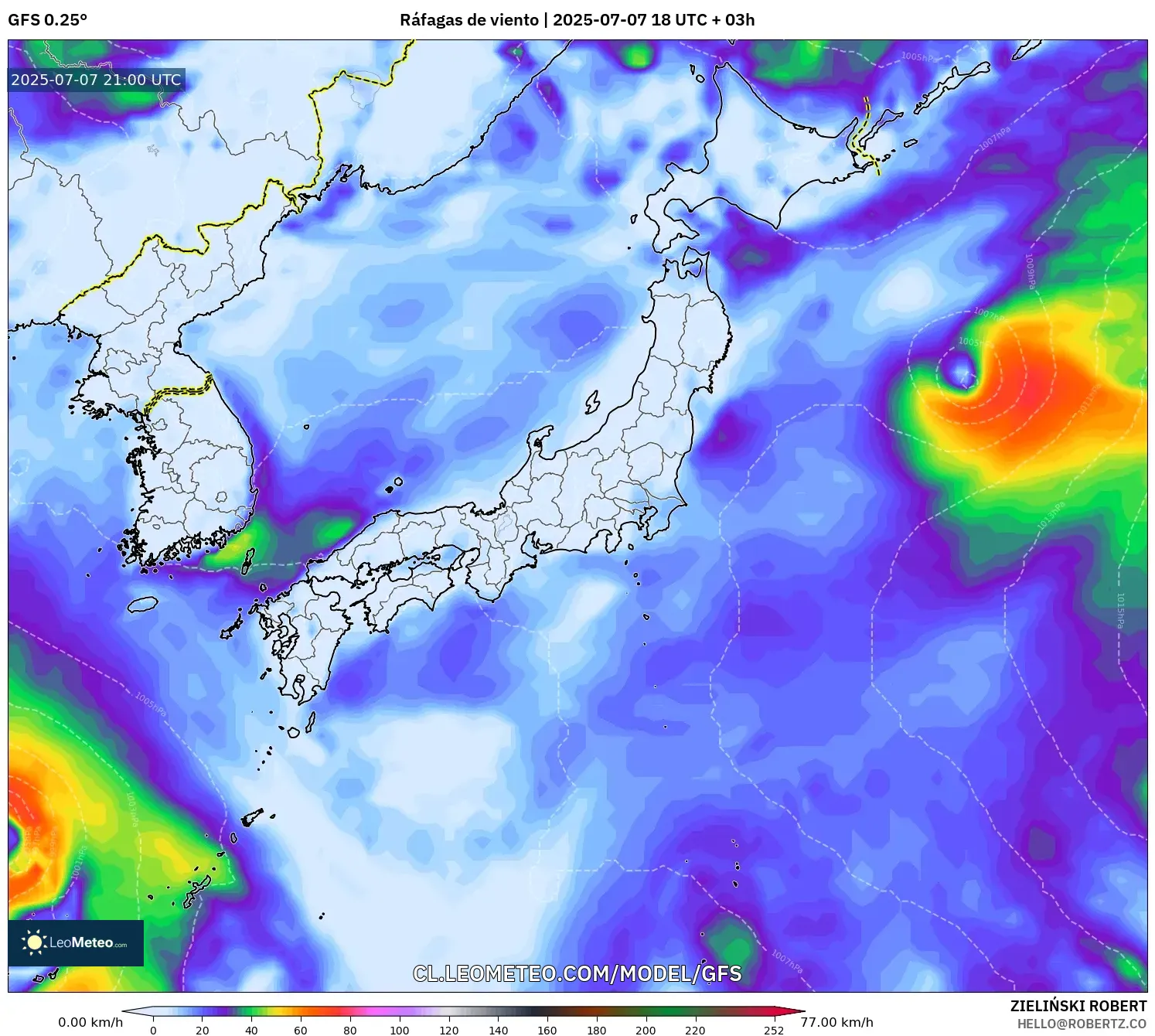 GFS model - Japón, Ráfagas de viento