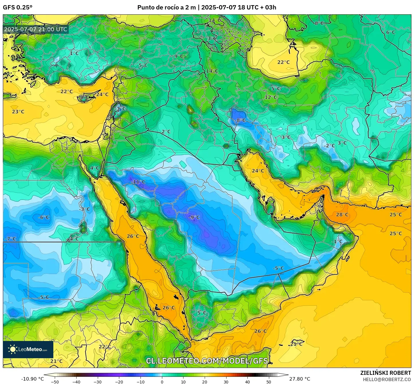 GFS model - Oriente Medio, Punto de rocío a 2 m GFS model - Oriente Medio, Punto de rocío a 2 m