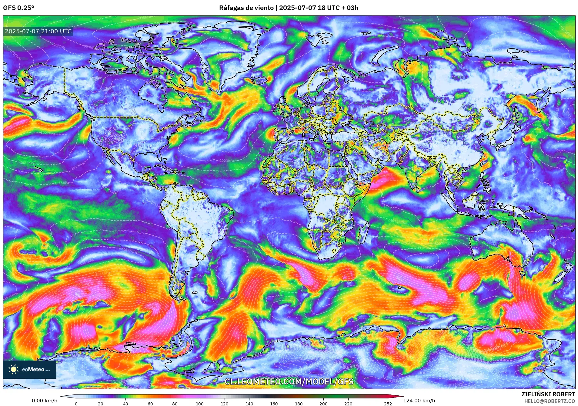 GFS model - Mundo, Ráfagas de viento