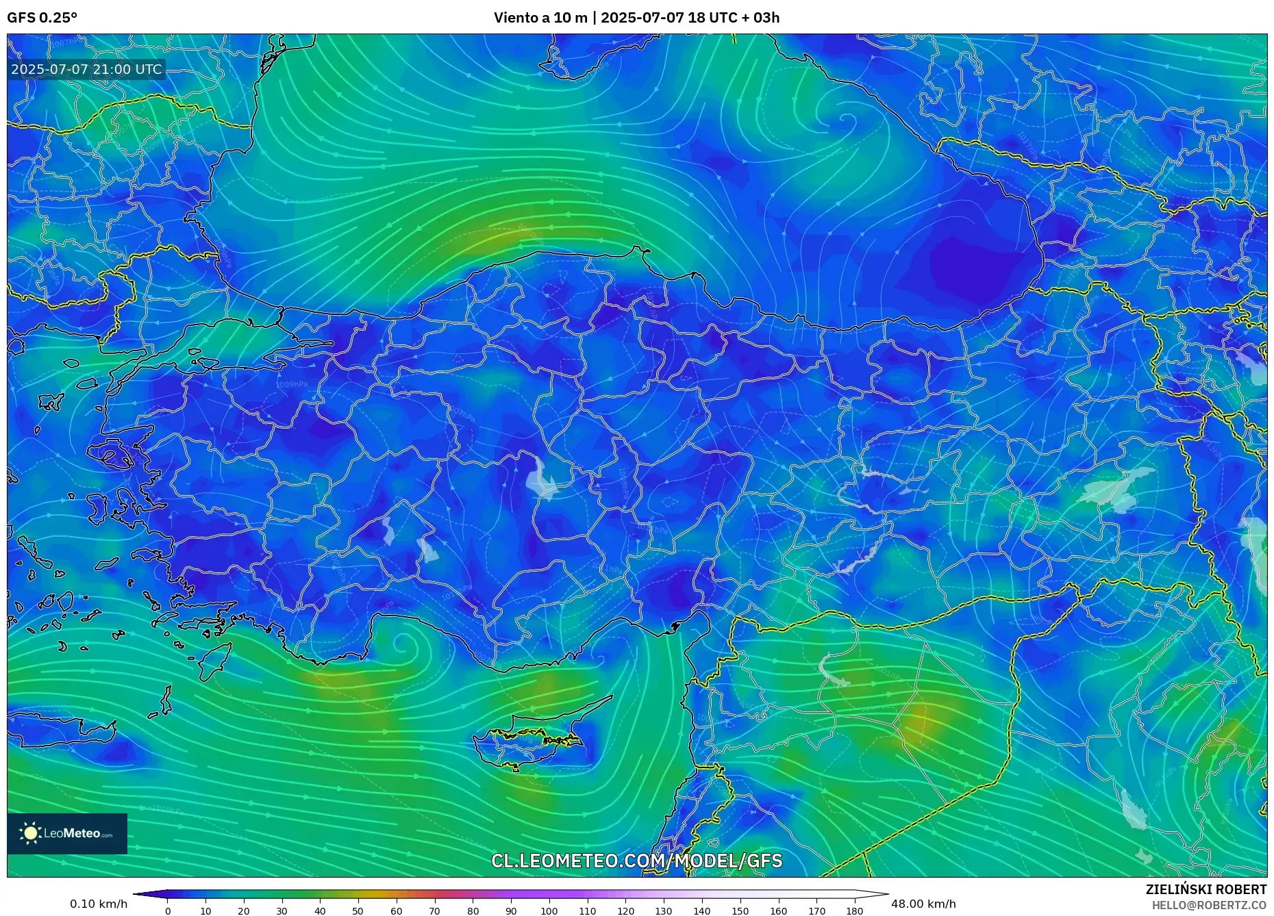 GFS model - Turquía, Viento a 10 m GFS model - Turquía, Viento a 10 m