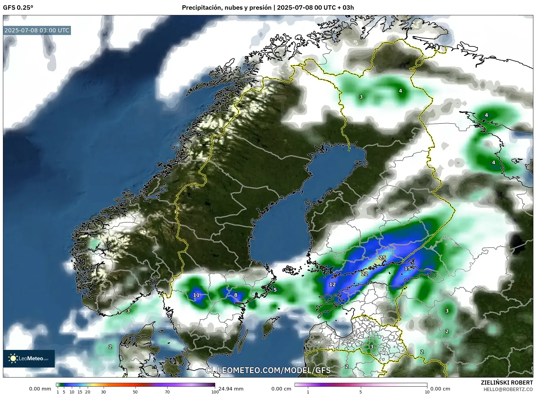 GFS model - Escandinavia, Precipitación, nubes y presión GFS model - Escandinavia, Precipitación, nubes y presión