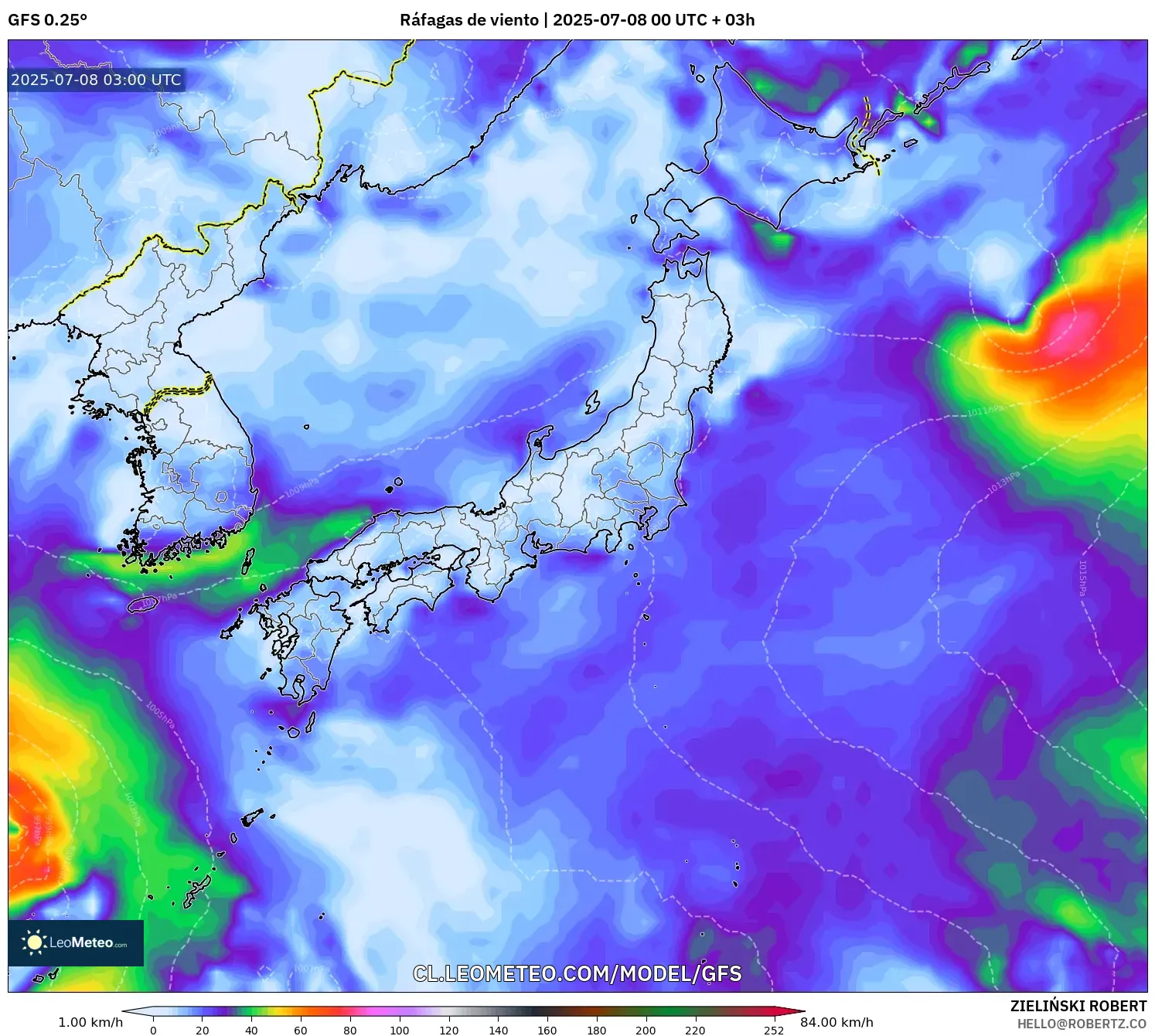 GFS model - Japón, Ráfagas de viento