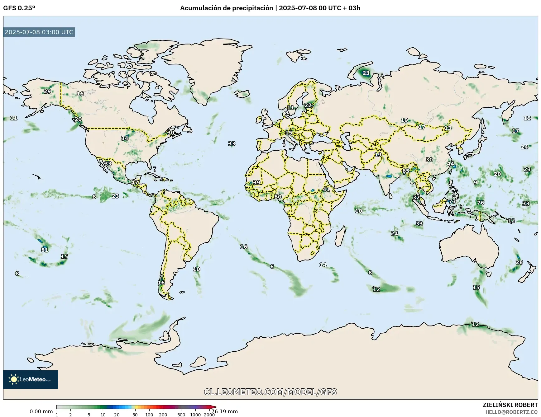 GFS model - Mundo, Acumulación de precipitación GFS model - Mundo, Acumulación de precipitación