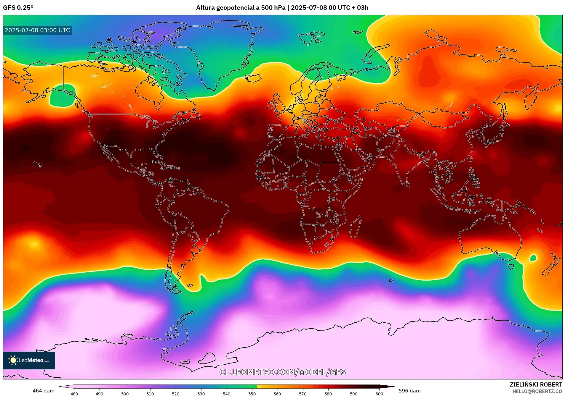 GFS model - Mundo, Altura geopotencial a 500 hPa GFS model - Mundo, Altura geopotencial a 500 hPa