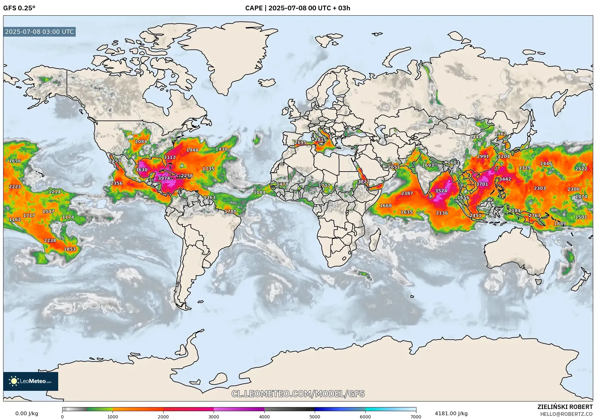 GFS model - Mundo, CAPE GFS model - Mundo, CAPE