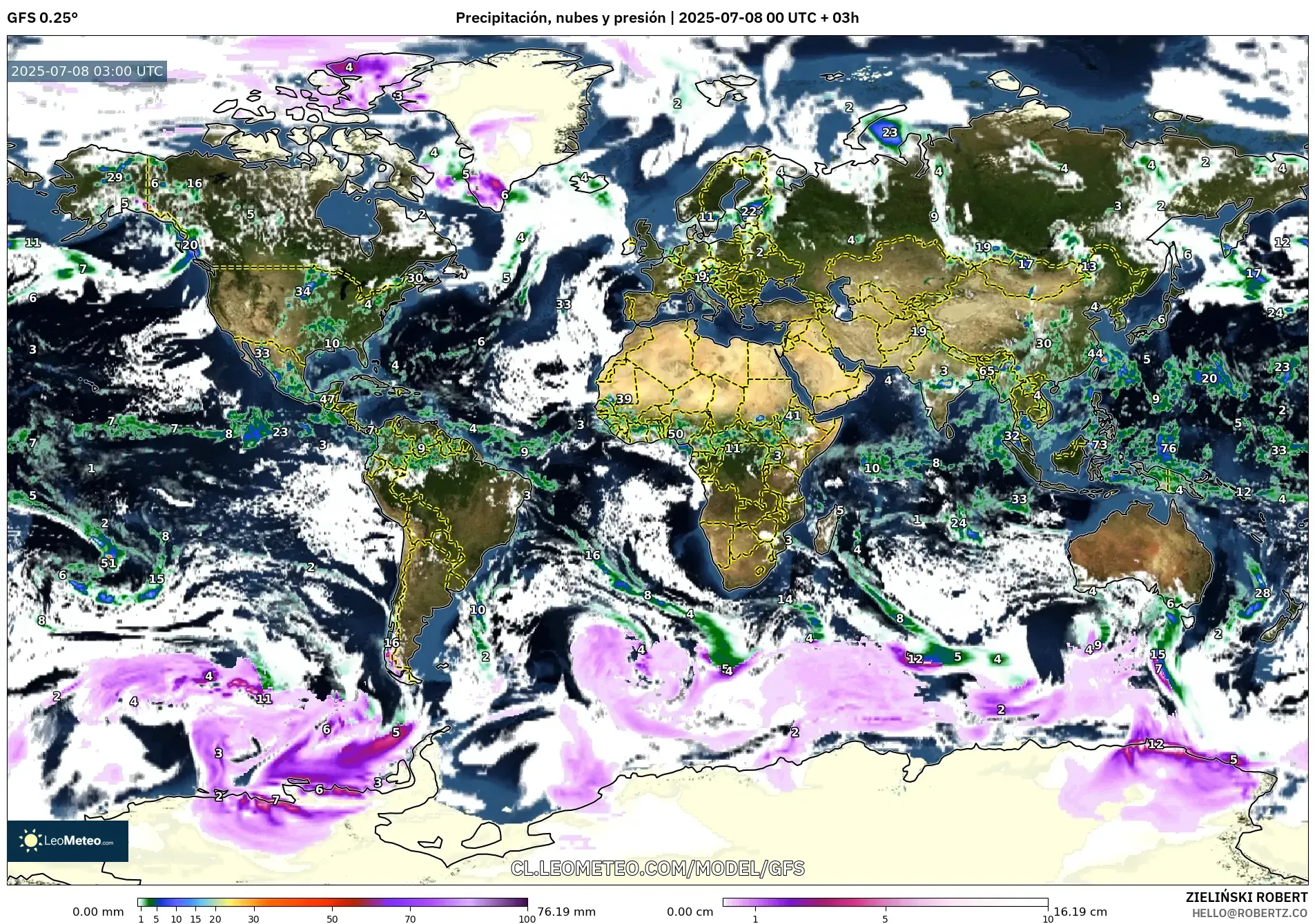GFS model - Mundo, Precipitación, nubes y presión GFS model - Mundo, Precipitación, nubes y presión