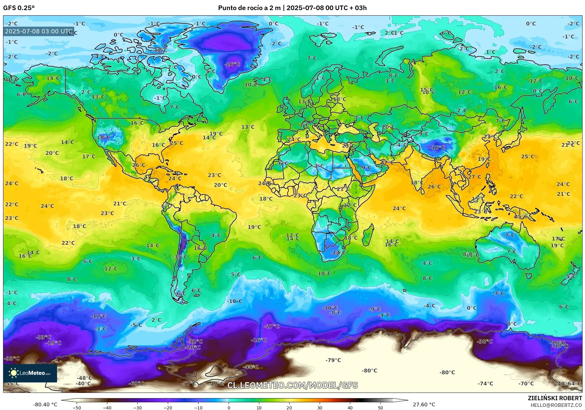 GFS model - Mundo, Punto de rocío a 2 m GFS model - Mundo, Punto de rocío a 2 m