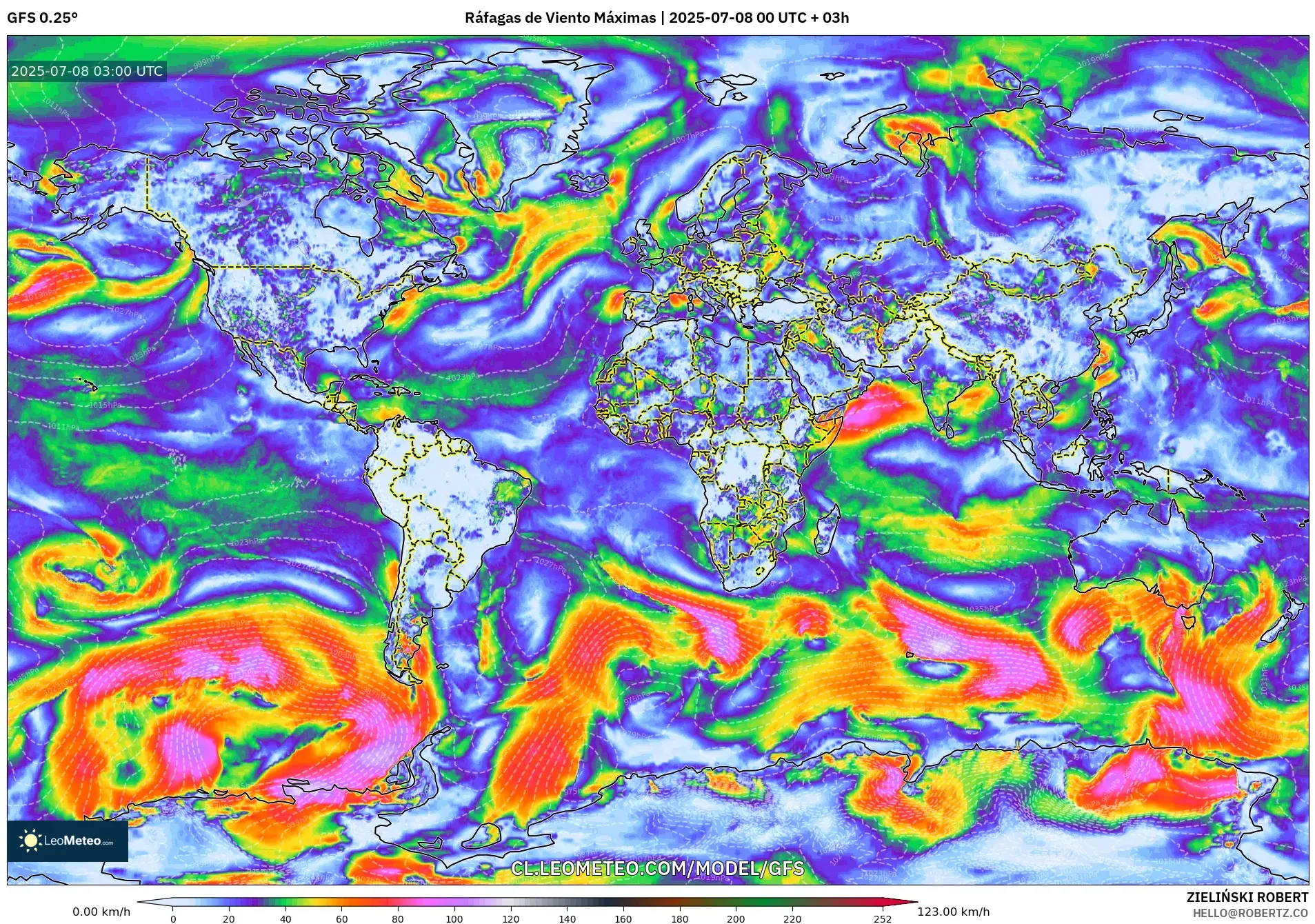 GFS model - Mundo, Ráfagas de Viento Máximas GFS model - Mundo, Ráfagas de Viento Máximas