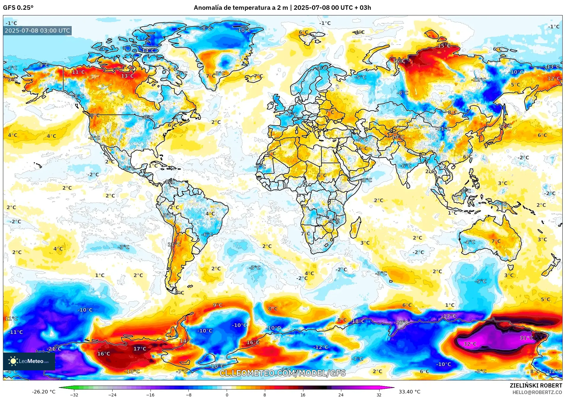 GFS model - Mundo, Anomalía de temperatura a 2 m GFS model - Mundo, Anomalía de temperatura a 2 m
