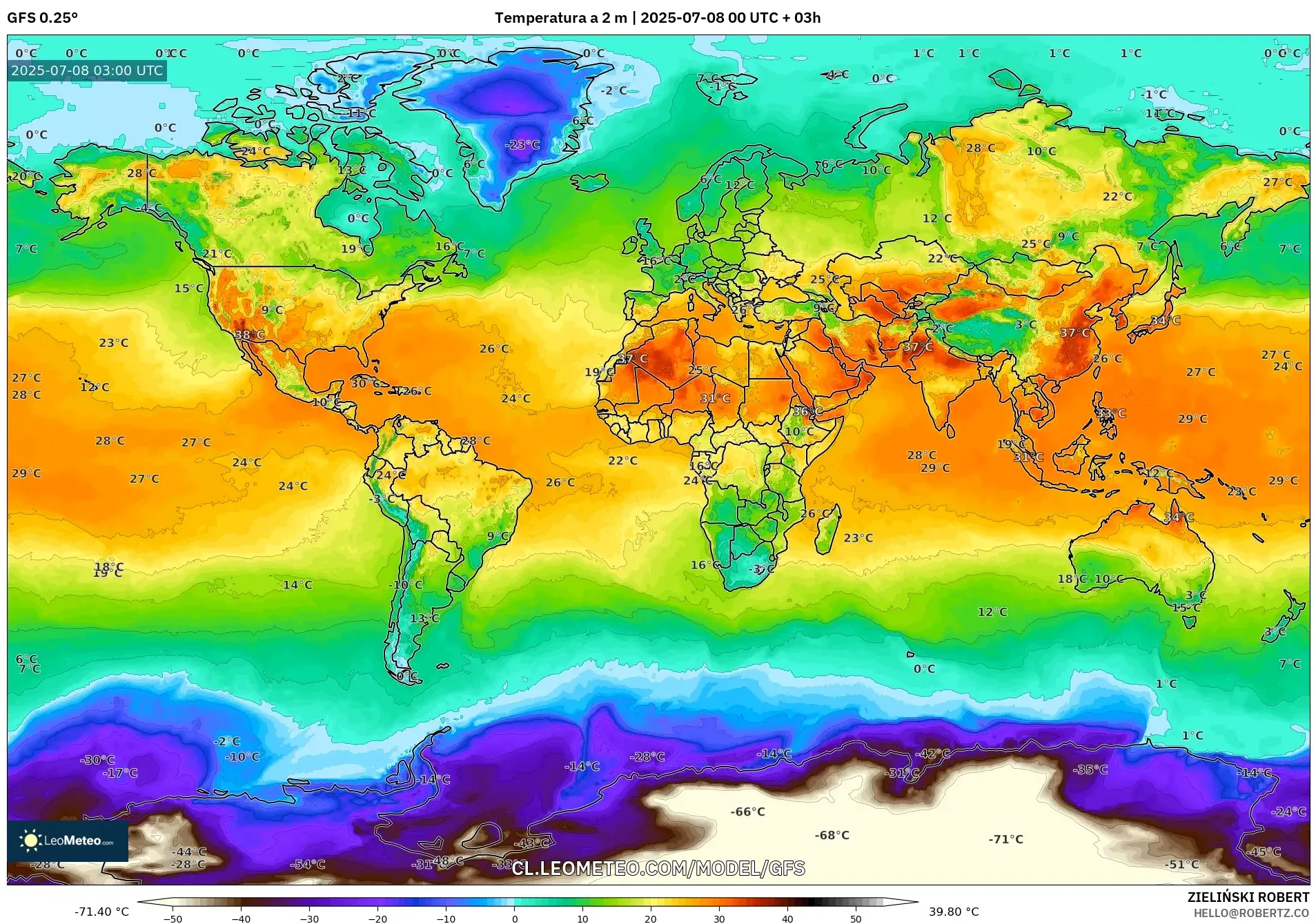 GFS model - Mundo, Temperatura a 2 m GFS model - Mundo, Temperatura a 2 m