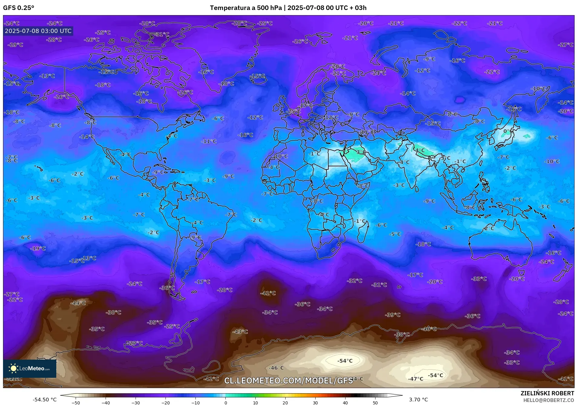 GFS model - Mundo, Temperatura a 500 hPa GFS model - Mundo, Temperatura a 500 hPa