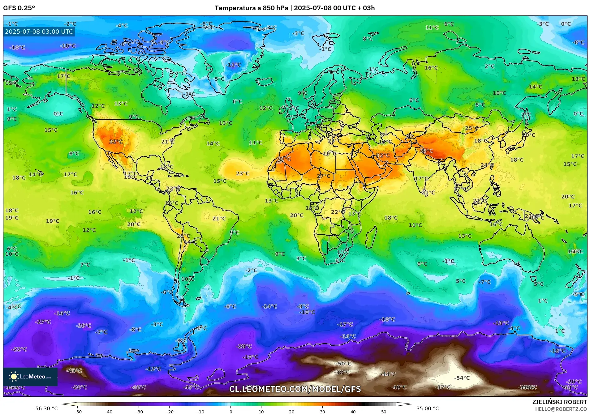 GFS model - Mundo, Temperatura a 850 hPa GFS model - Mundo, Temperatura a 850 hPa