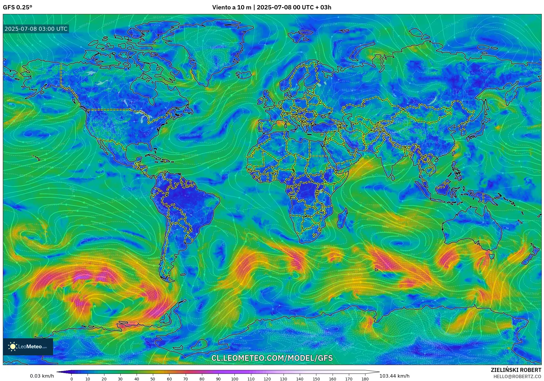 GFS model - Mundo, Viento a 10 m GFS model - Mundo, Viento a 10 m