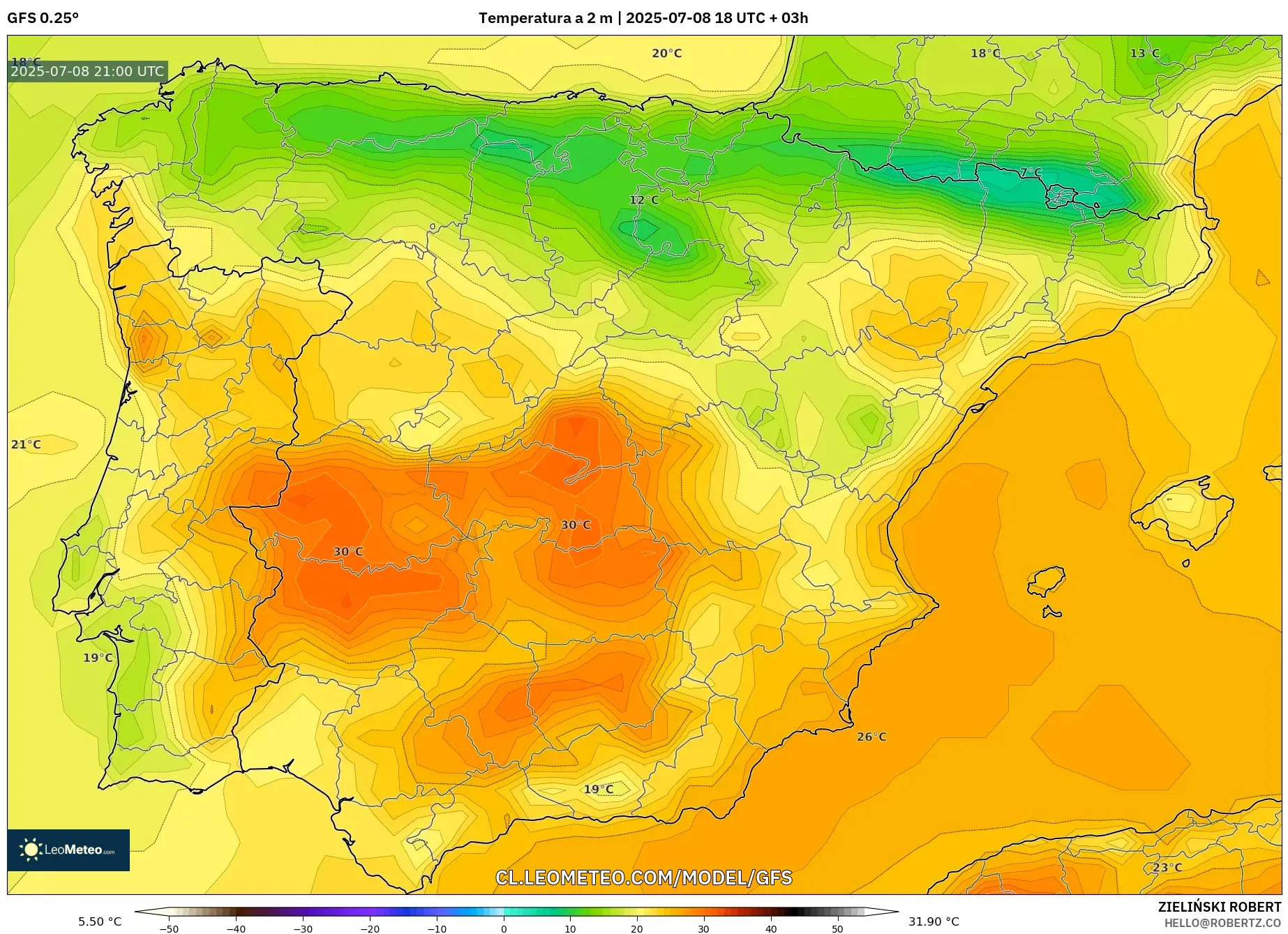 GFS model - España, Temperatura a 2 m GFS model - España, Temperatura a 2 m
