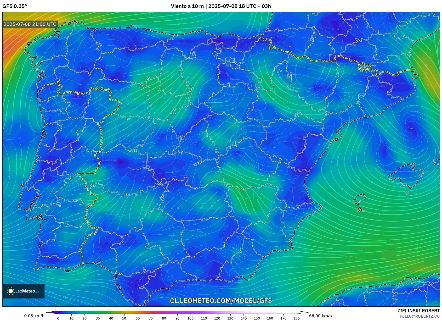 GFS model - España, Viento a 10 m GFS model - España, Viento a 10 m