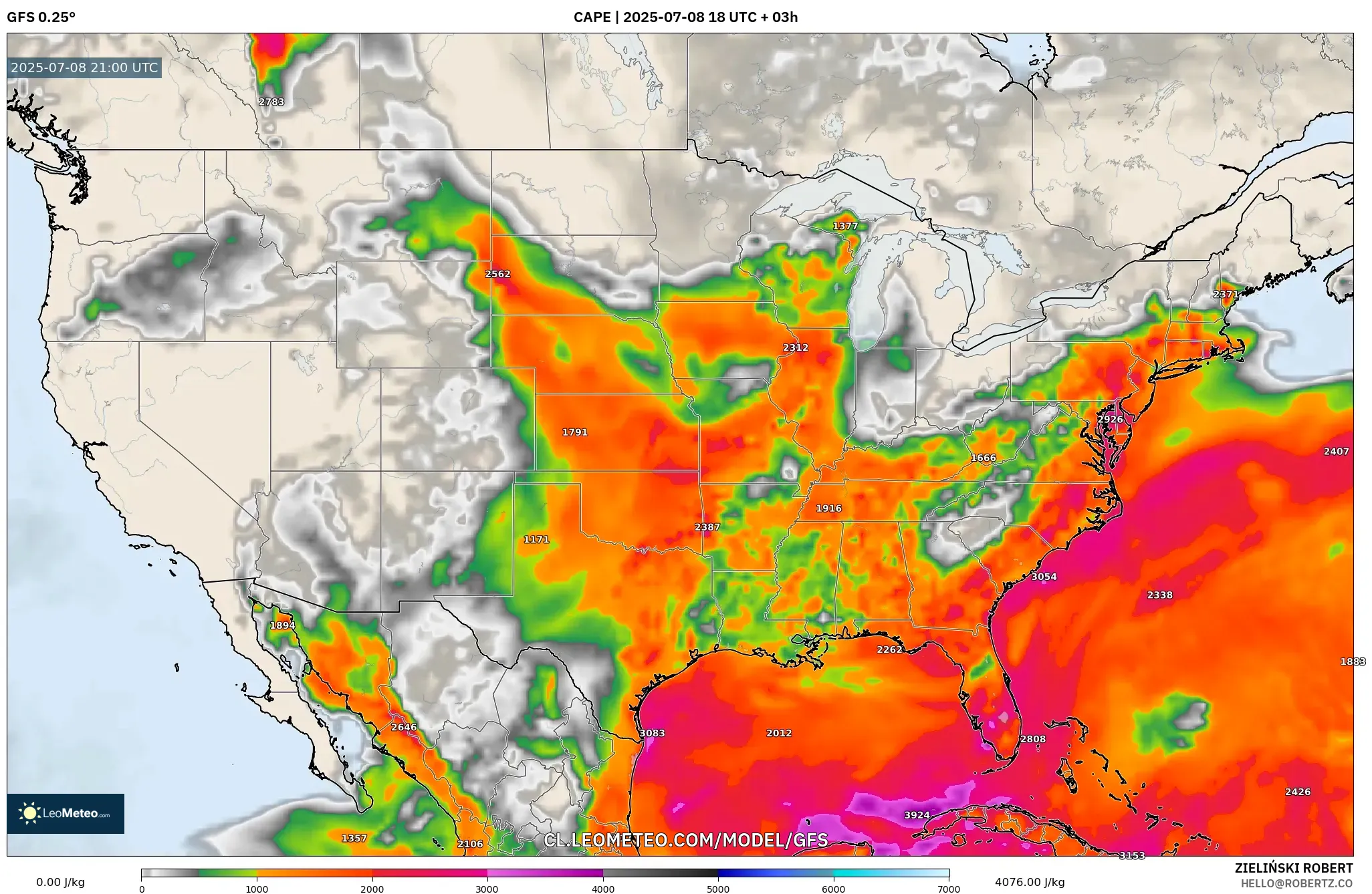 GFS model - Estados Unidos, CAPE GFS model - Estados Unidos, CAPE