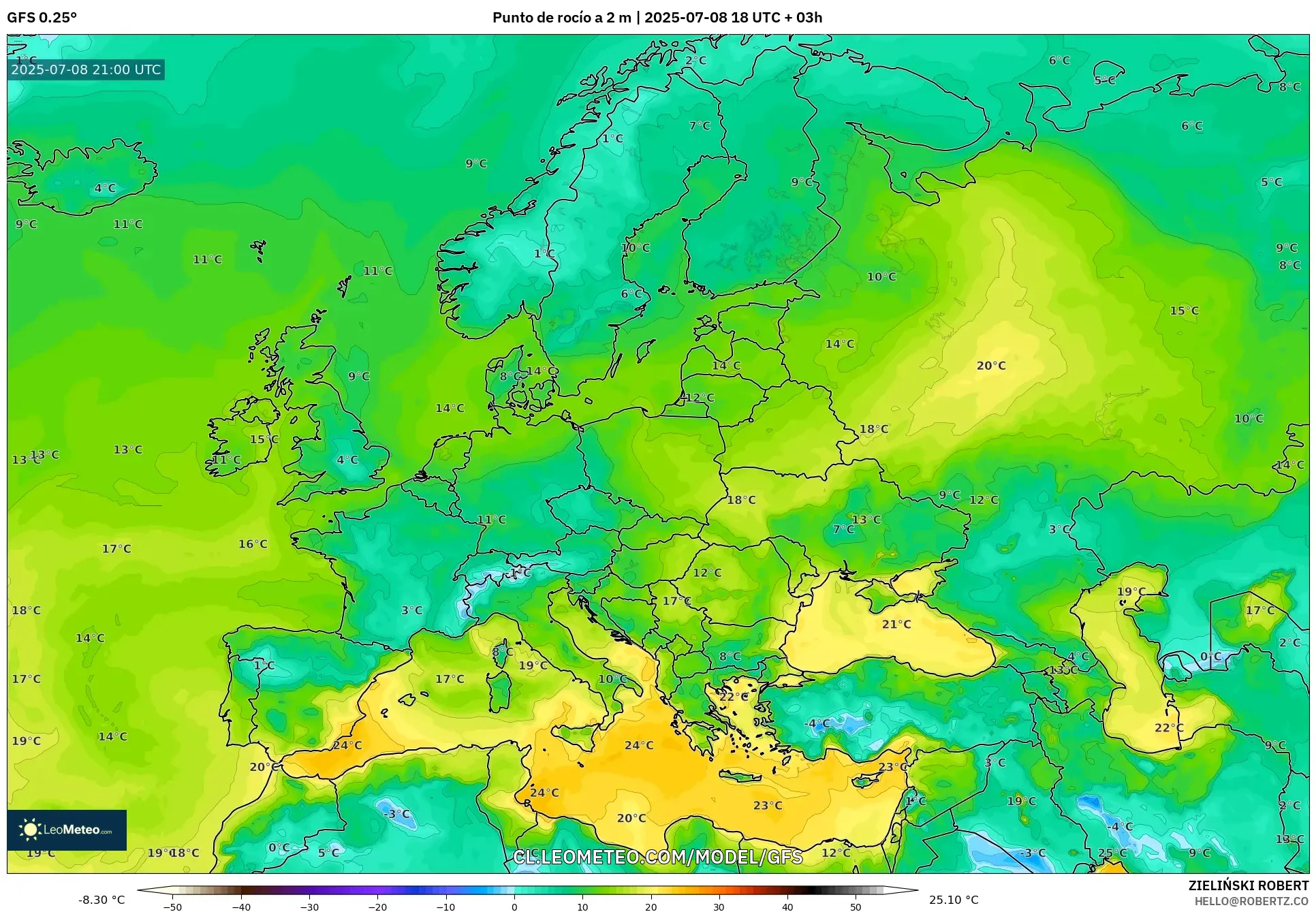 GFS model - Europa, Punto de rocío a 2 m GFS model - Europa, Punto de rocío a 2 m