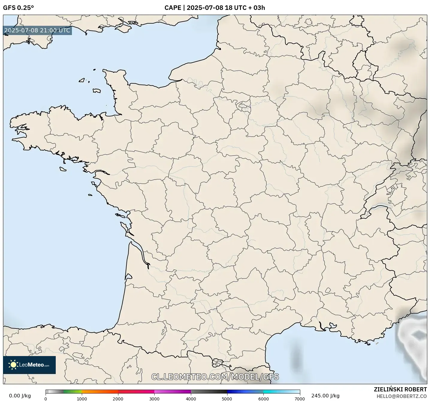 GFS model - Francia, CAPE GFS model - Francia, CAPE