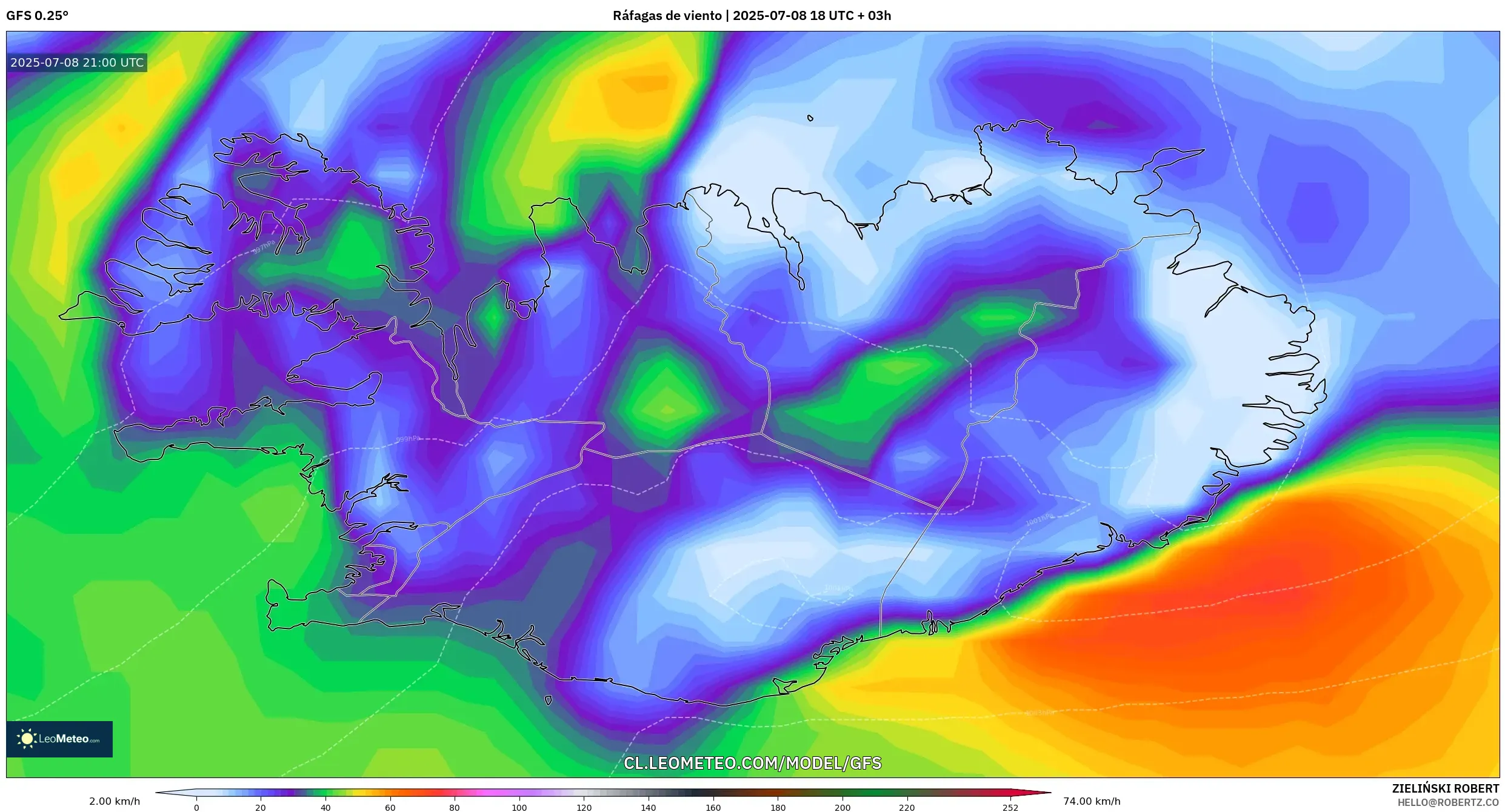 GFS model - Islandia, Ráfagas de viento GFS model - Islandia, Ráfagas de viento