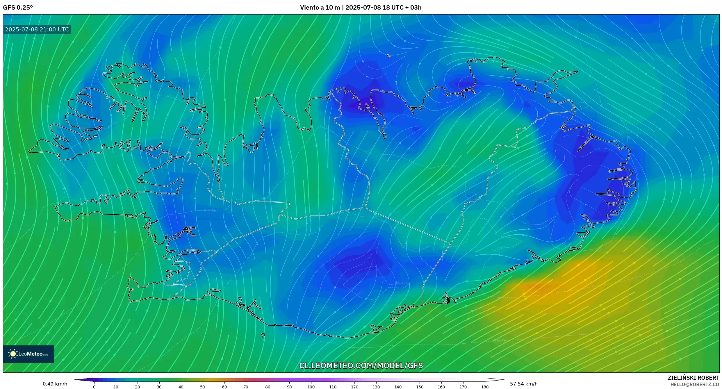 GFS model - Islandia, Viento a 10 m GFS model - Islandia, Viento a 10 m