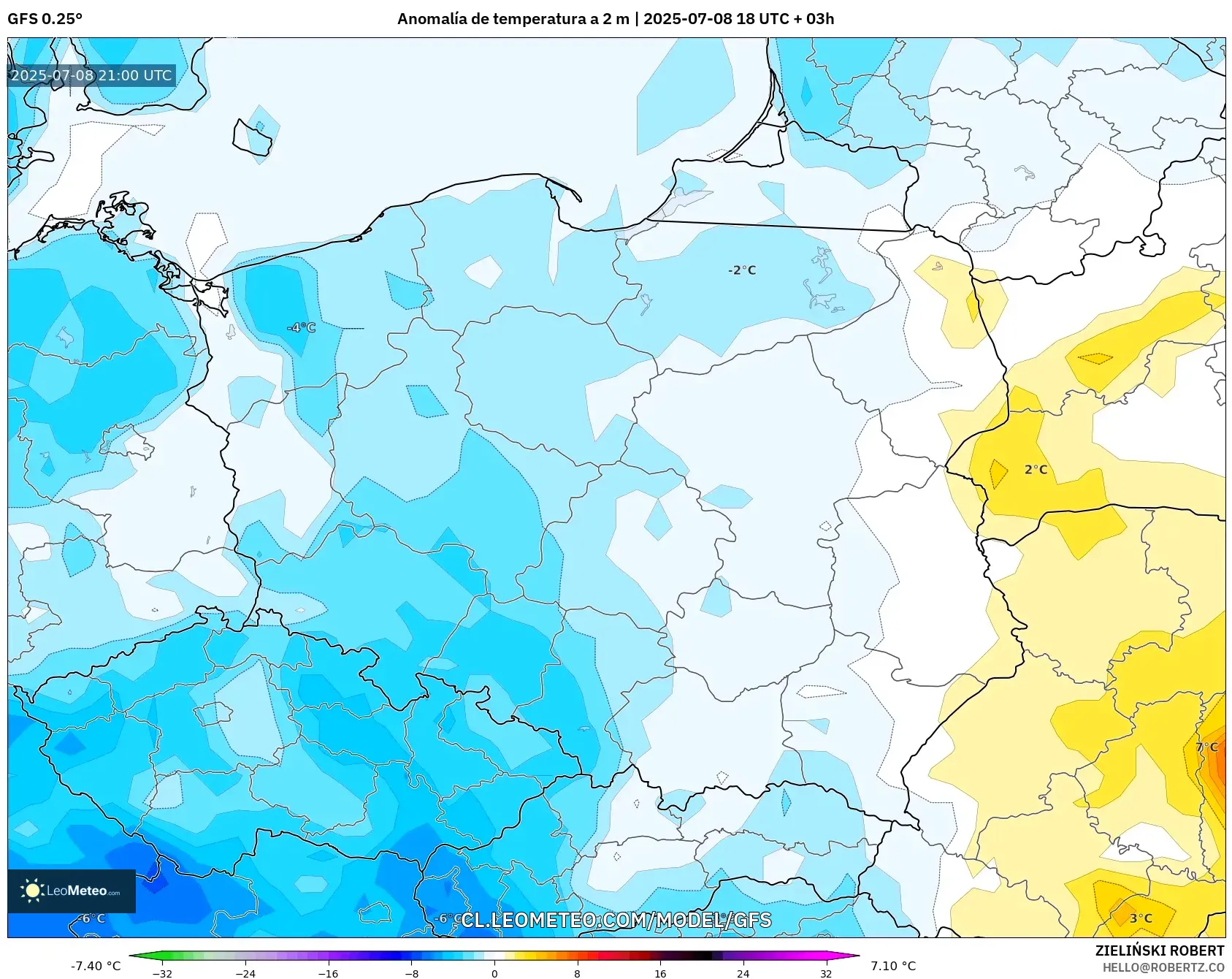 GFS model - Polonia, Anomalía de temperatura a 2 m GFS model - Polonia, Anomalía de temperatura a 2 m