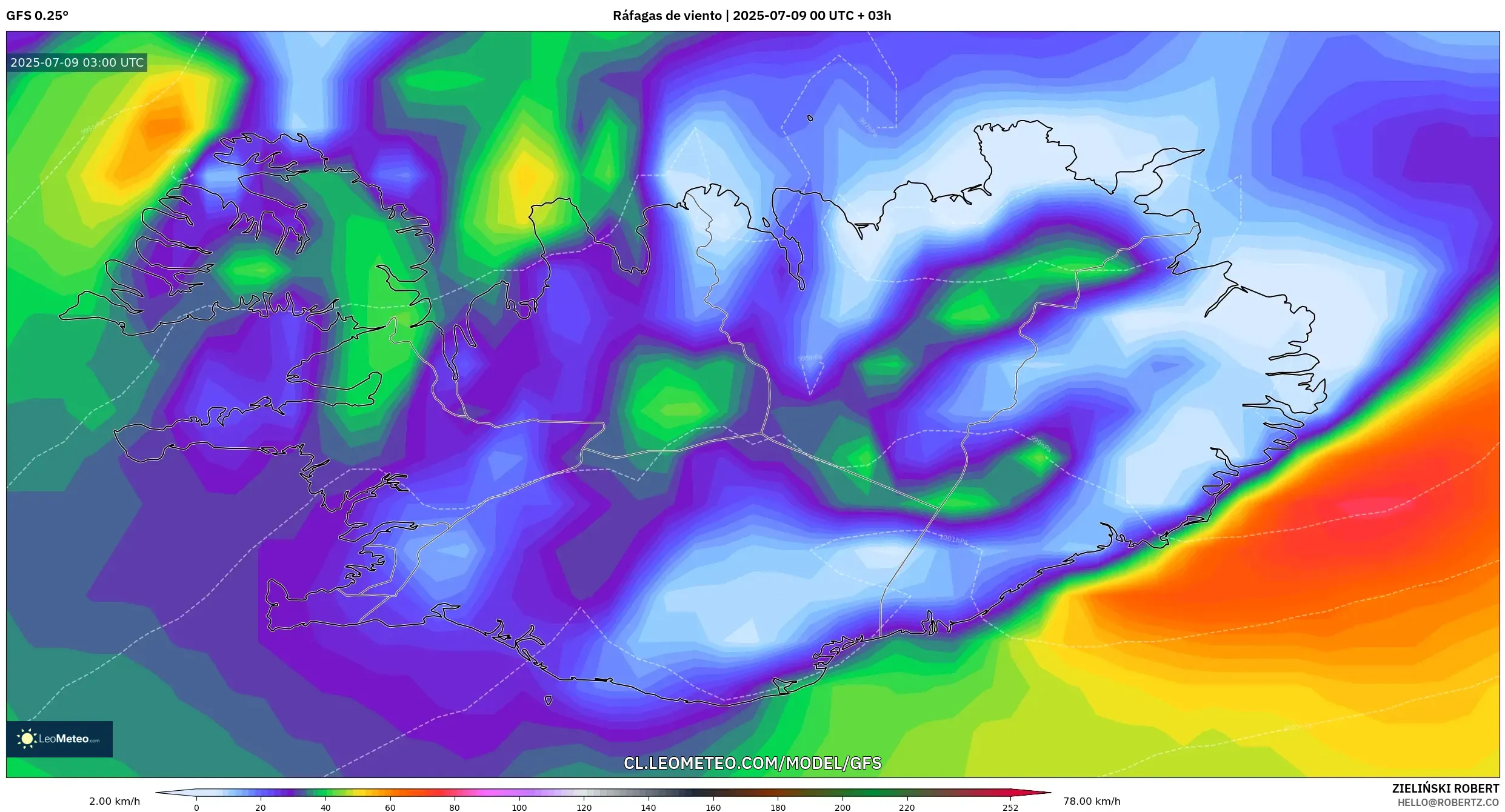 GFS model - Islandia, Ráfagas de viento GFS model - Islandia, Ráfagas de viento