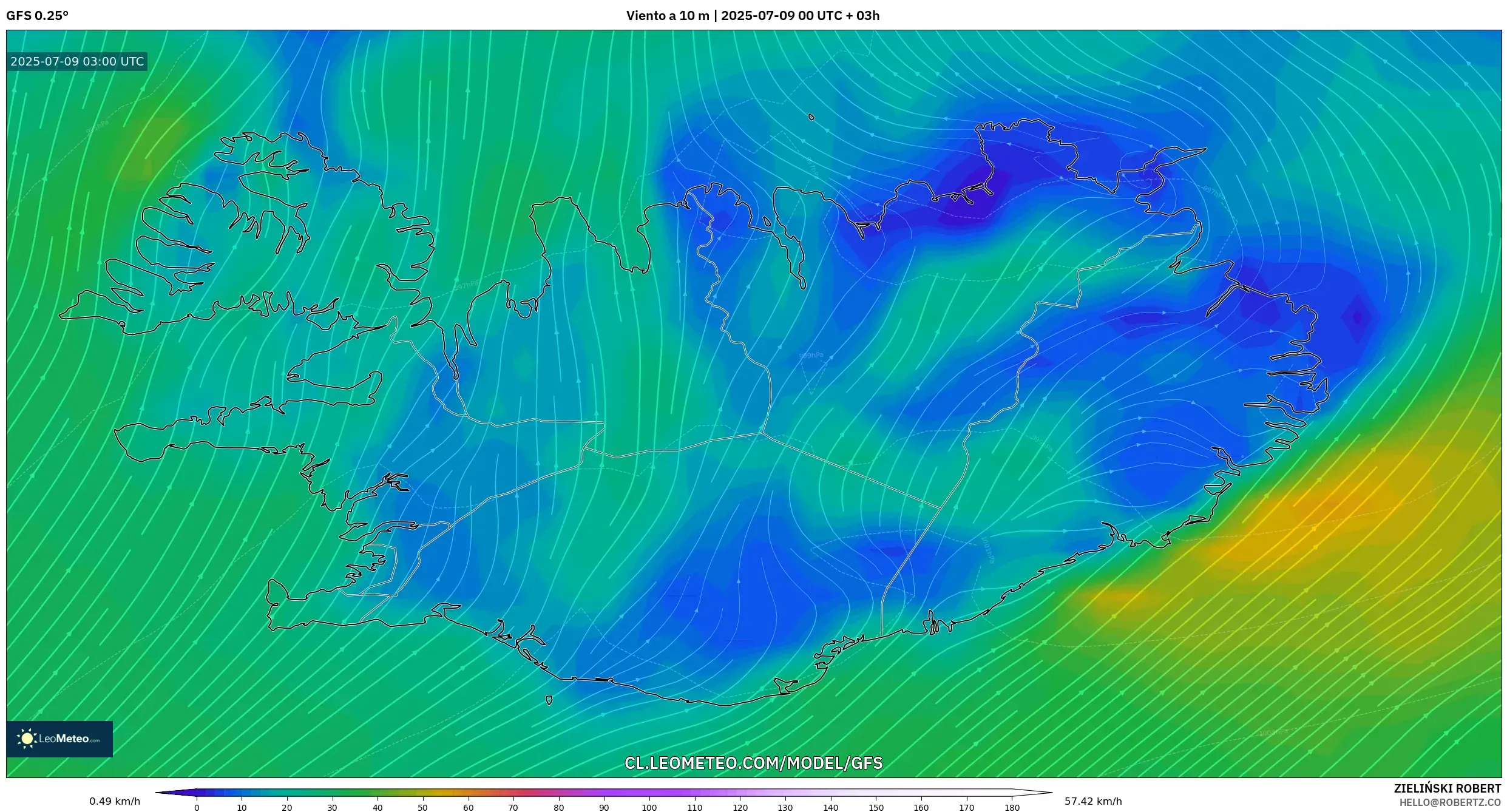 GFS model - Islandia, Viento a 10 m GFS model - Islandia, Viento a 10 m