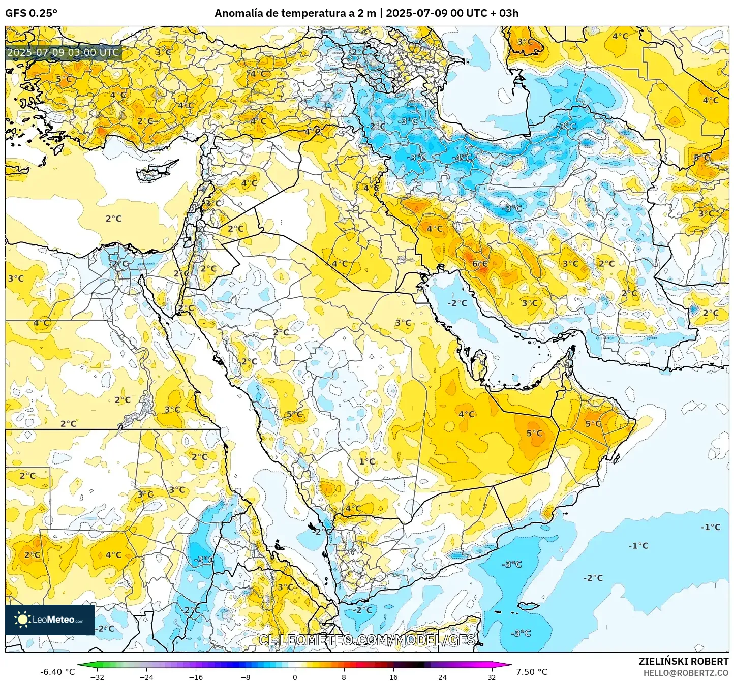 GFS model - Oriente Medio, Anomalía de temperatura a 2 m GFS model - Oriente Medio, Anomalía de temperatura a 2 m