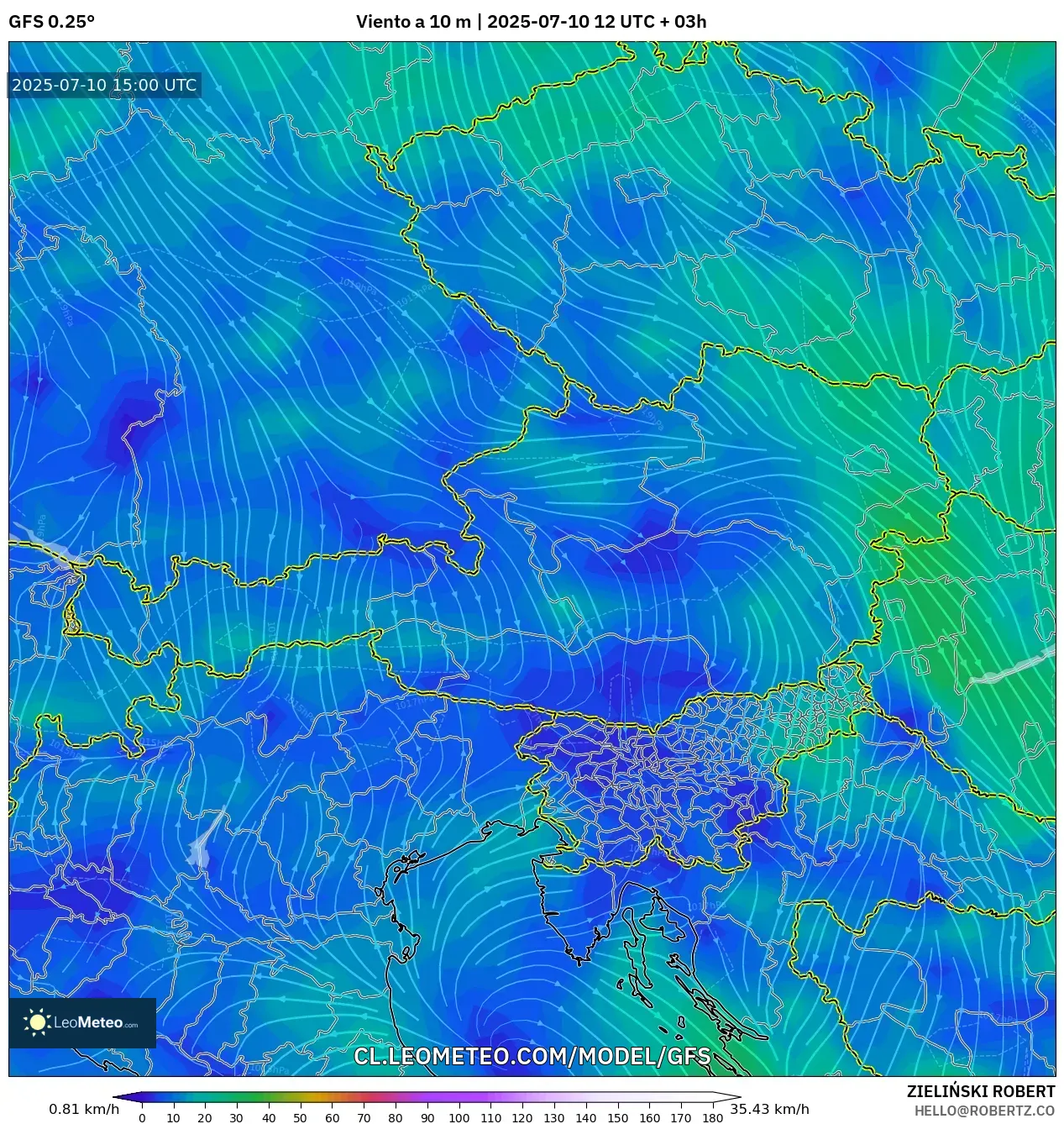GFS model - Austria, Viento a 10 m GFS model - Austria, Viento a 10 m