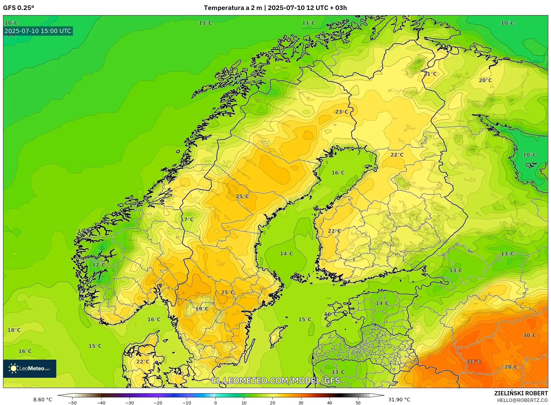 GFS model - Escandinavia, Temperatura a 2 m GFS model - Escandinavia, Temperatura a 2 m