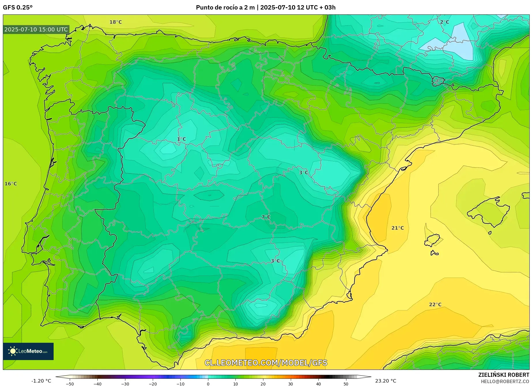 GFS model - España, Punto de rocío a 2 m GFS model - España, Punto de rocío a 2 m