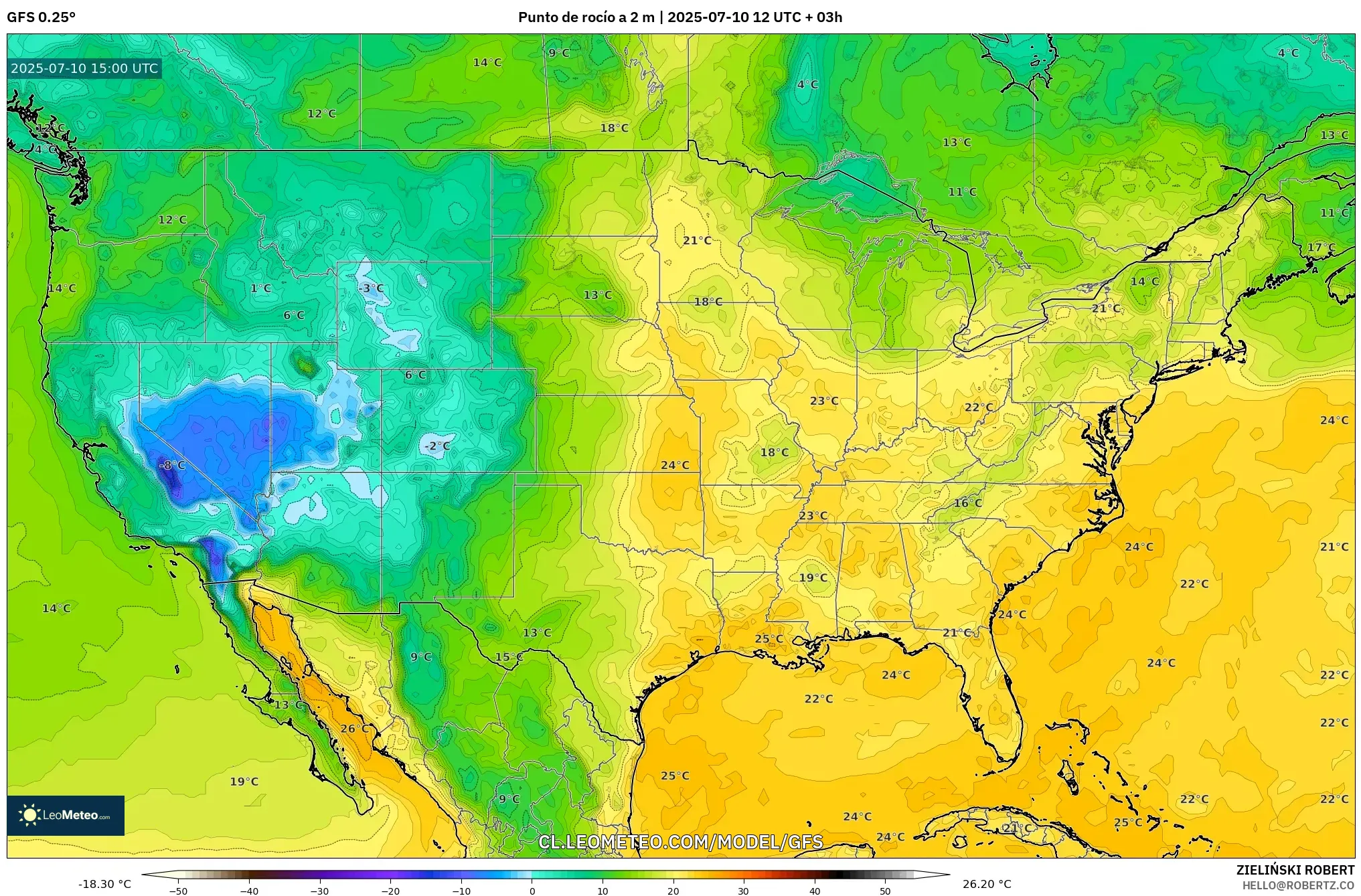 GFS model - Estados Unidos, Punto de rocío a 2 m GFS model - Estados Unidos, Punto de rocío a 2 m