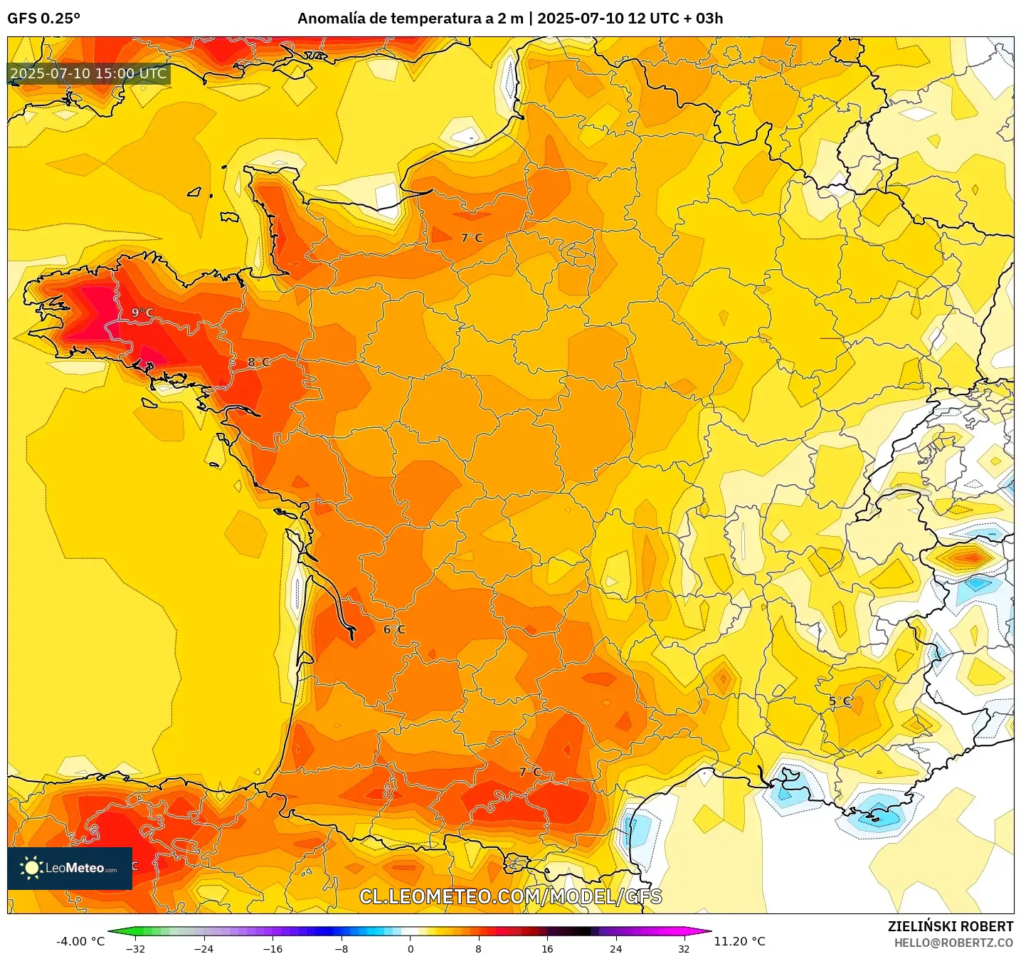 GFS model - Francia, Anomalía de temperatura a 2 m GFS model - Francia, Anomalía de temperatura a 2 m