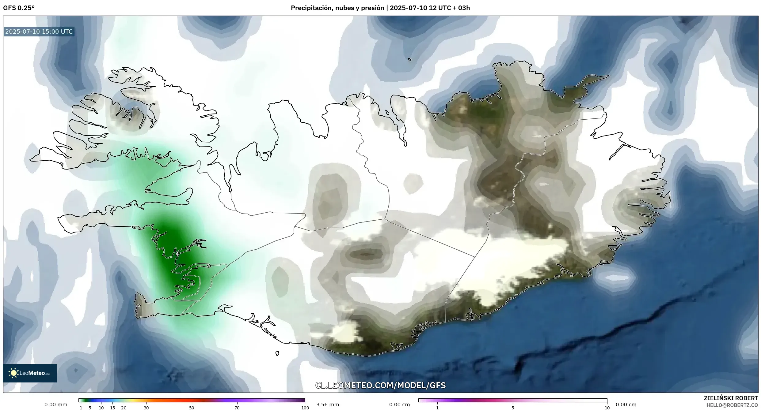 GFS model - Islandia, Precipitación, nubes y presión GFS model - Islandia, Precipitación, nubes y presión