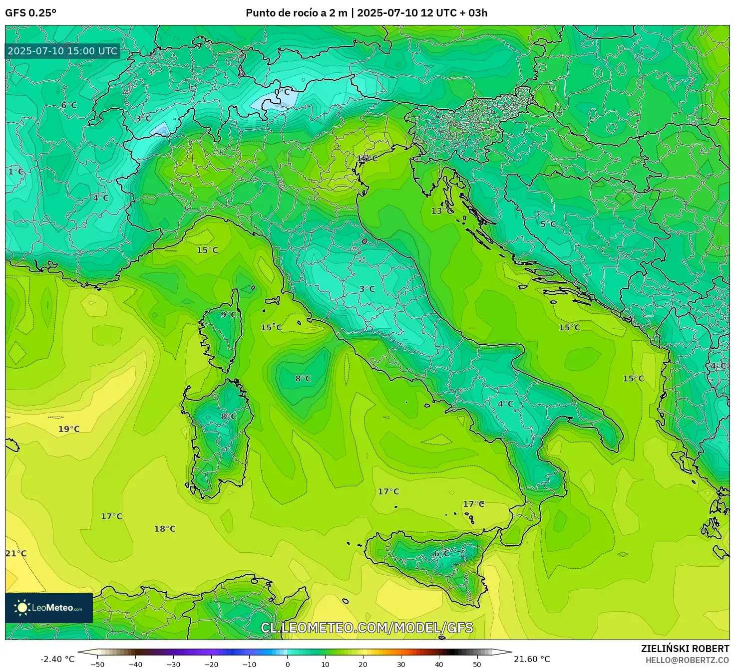 GFS model - Italia, Punto de rocío a 2 m GFS model - Italia, Punto de rocío a 2 m