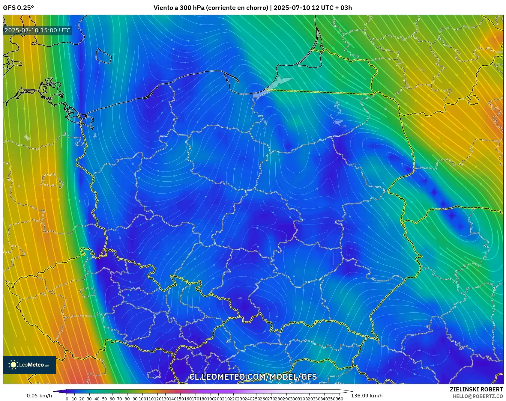GFS model - Polonia, Viento a 300 hPa (corriente en chorro) GFS model - Polonia, Viento a 300 hPa (corriente en chorro)