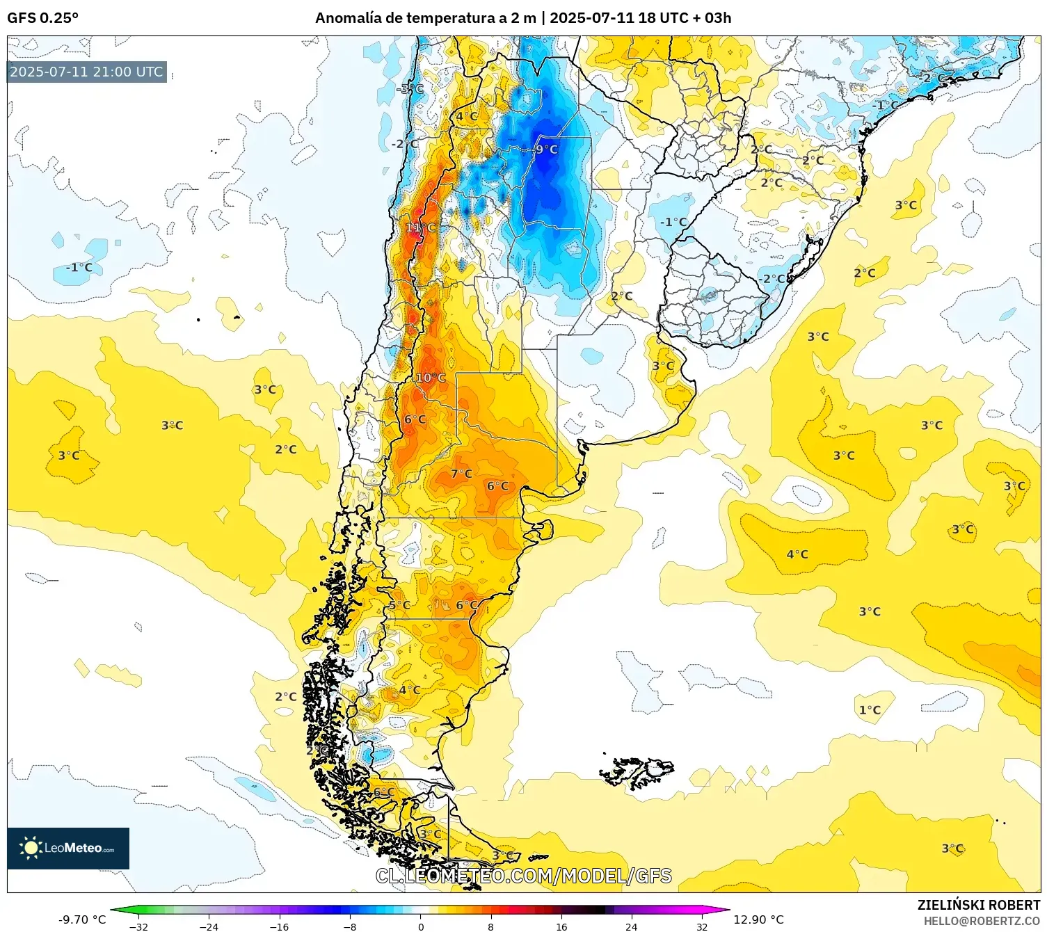 GFS model - Argentina, Anomalía de temperatura a 2 m GFS model - Argentina, Anomalía de temperatura a 2 m