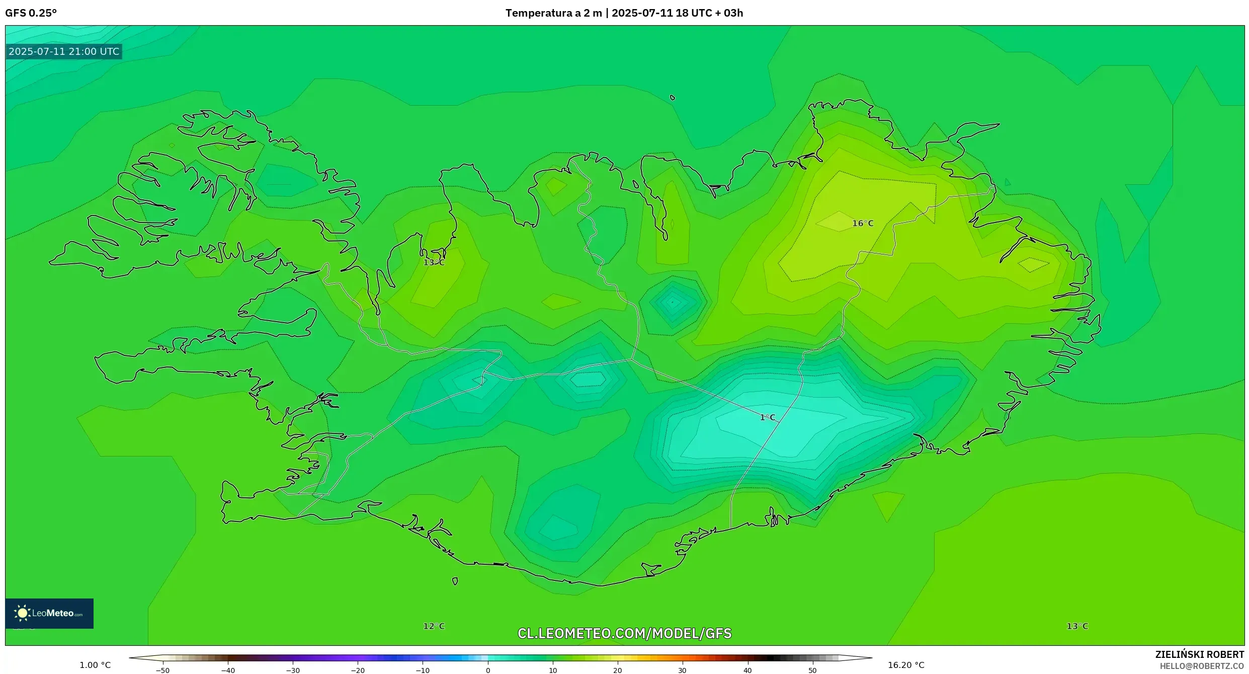 GFS model - Islandia, Temperatura a 2 m GFS model - Islandia, Temperatura a 2 m