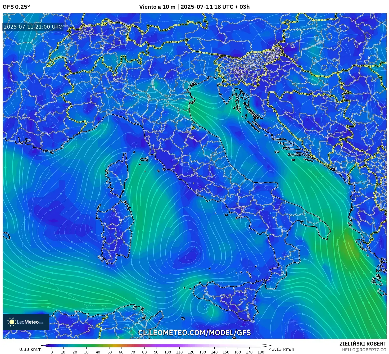 GFS model - Italia, Viento a 10 m GFS model - Italia, Viento a 10 m