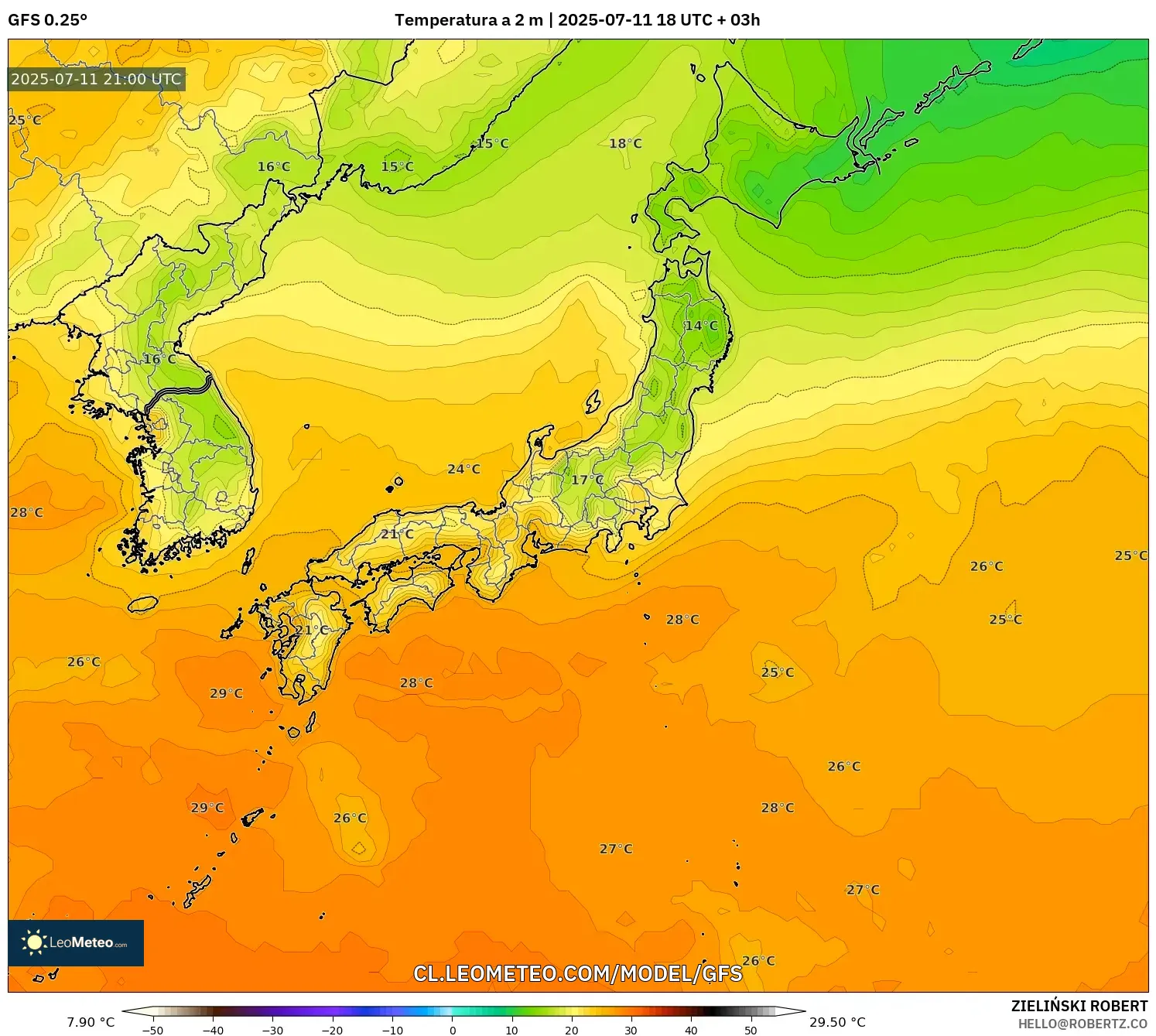 GFS model - Japón, Temperatura a 2 m