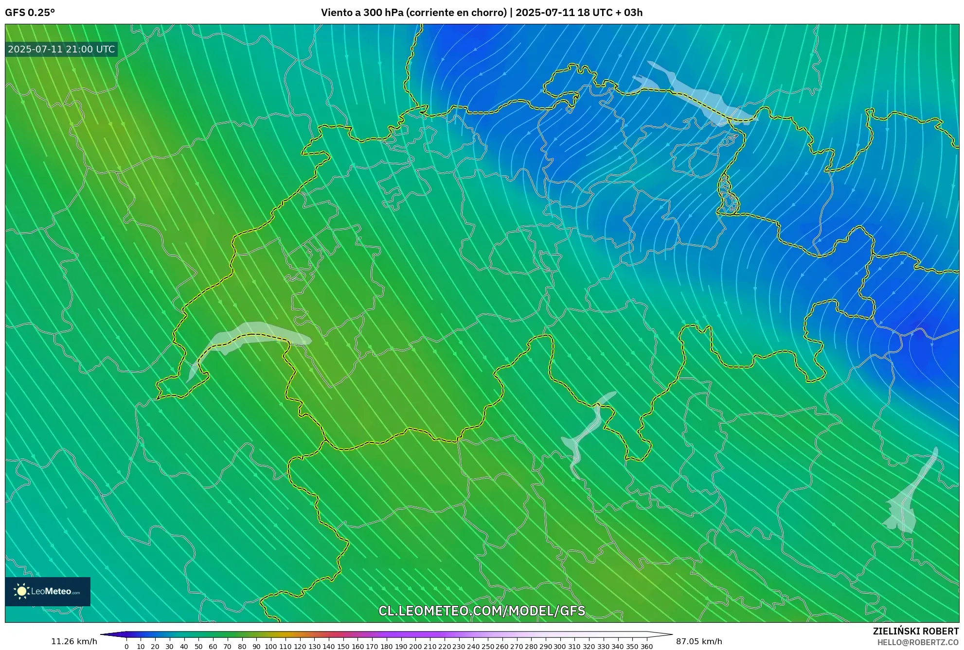 GFS model - Suiza, Viento a 300 hPa (corriente en chorro)