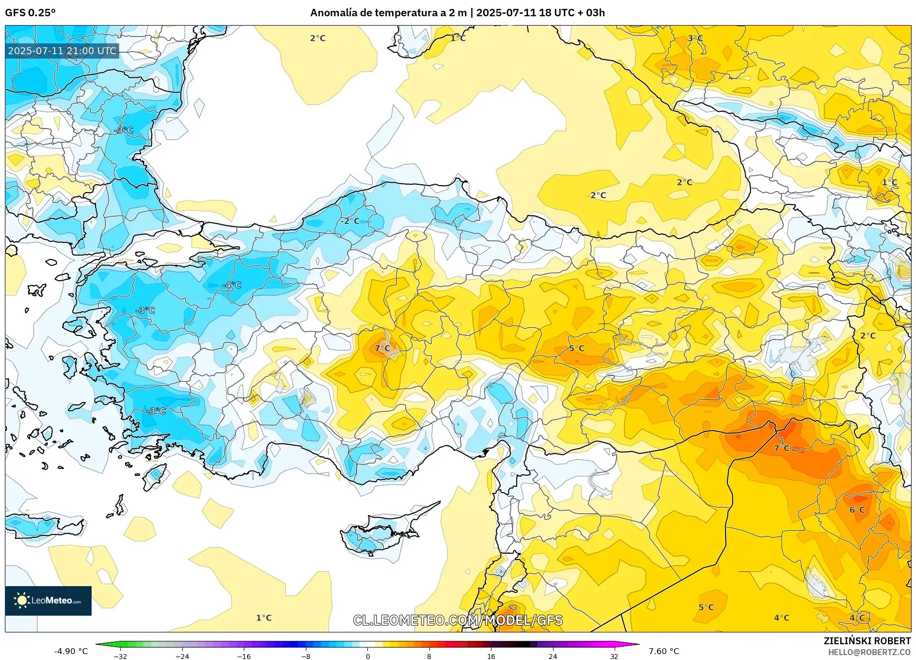 GFS model - Turquía, Anomalía de temperatura a 2 m