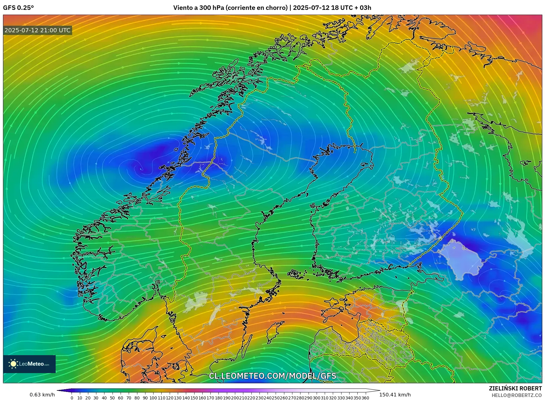 GFS model - Escandinavia, Viento a 300 hPa (corriente en chorro) GFS model - Escandinavia, Viento a 300 hPa (corriente en chorro)