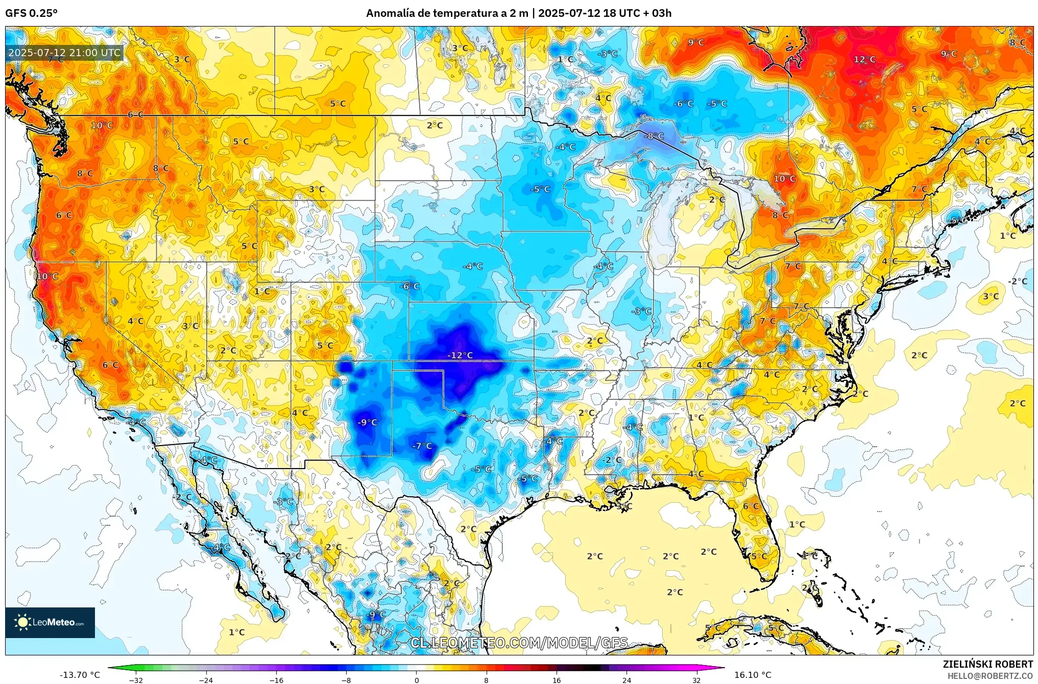 GFS model - Estados Unidos, Anomalía de temperatura a 2 m GFS model - Estados Unidos, Anomalía de temperatura a 2 m
